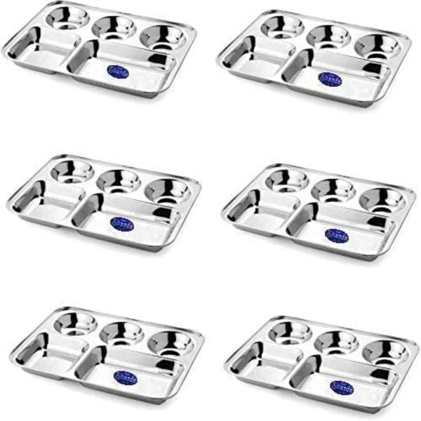 Sanskriti Exports Stainless Steel Rectangular Compartment Thali Set of 6 with 5 in 1 Divided Partition, Mess, Bhojan, Lunch & Dinner Plates - 13 x 10 inches