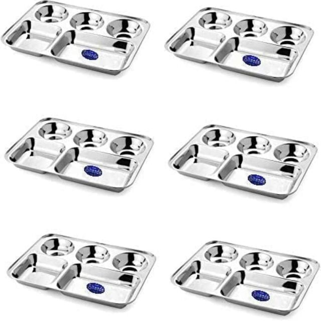 Sanskriti Exports Stainless Steel Rectangular Compartment Thali Set of 6 with 5 in 1 Divided Partition, Mess, Bhojan, Lunch & Dinner Plates - 13 x 10 inches