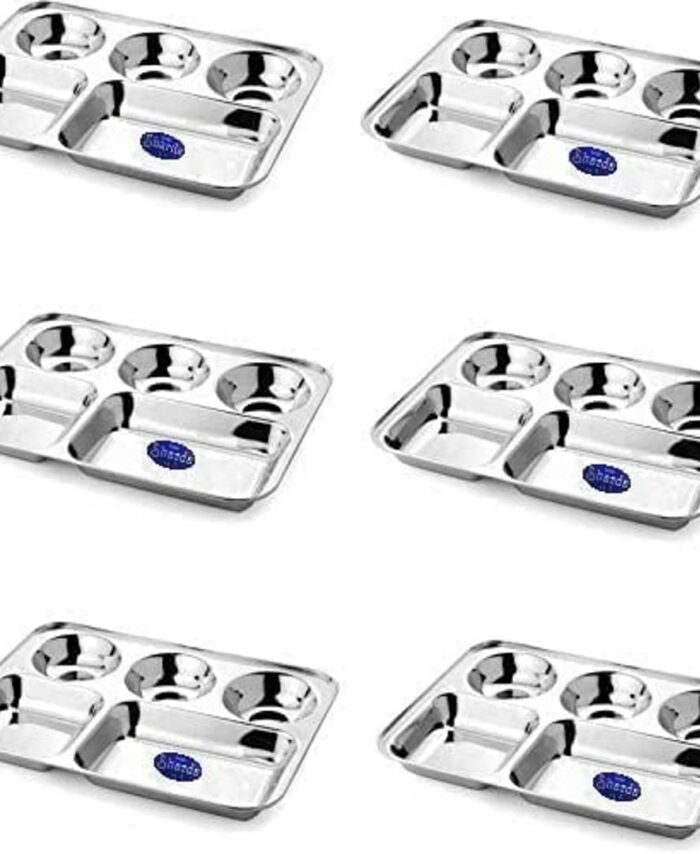Sanskriti Exports Stainless Steel Rectangular Compartment Thali Set of 6 with 5 in 1 Divided Partition, Mess, Bhojan, Lunch & Dinner Plates - 13 x 10 inches