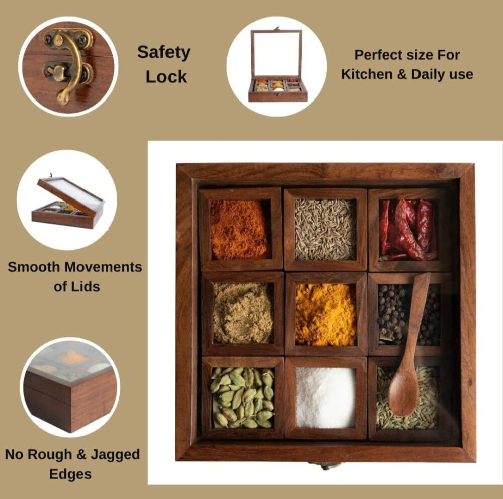 Sanskriti Exports Sheesham Wood Spice Box with 2 Spoons ? 9 Compartments Masala Box/Masala Container/Masala Dabba Organizer for Kitchen | Decorative Handmade Wooden Storage Box (Brown) - Image 3