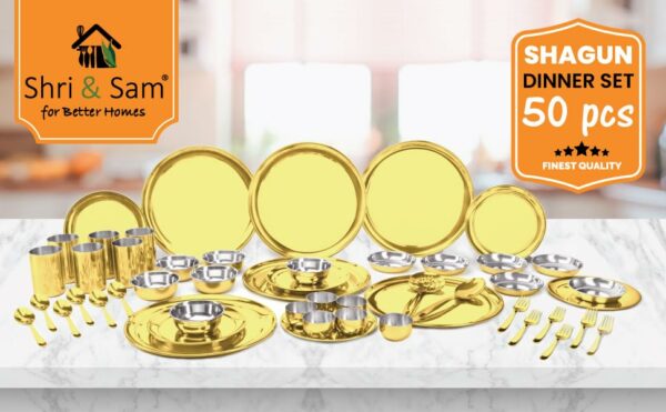 Sanskriti Exports Stainless Steel Shagun Solid Dinner Set (50 Pcs Set Gold)