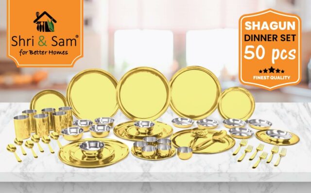Sanskriti Exports Stainless Steel Shagun Solid Dinner Set (50 Pcs Set Gold)