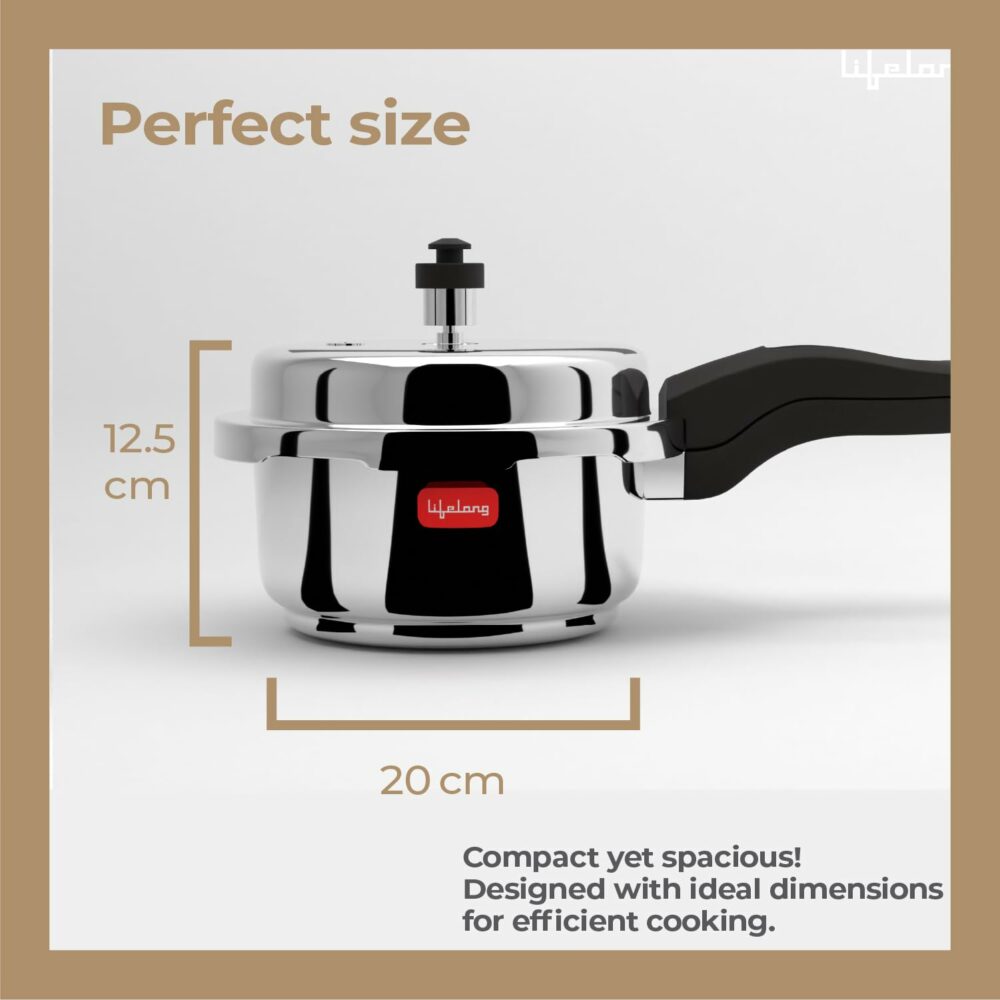 Lifelong Stainless Steel Pressure Cooker 2L | Induction & Gas Stove Compatible with Outer Lid, ISI Certified & Lock System |Safe & Durable Kitchen Essential with 5 Years Warranty (Silver) - Image 6
