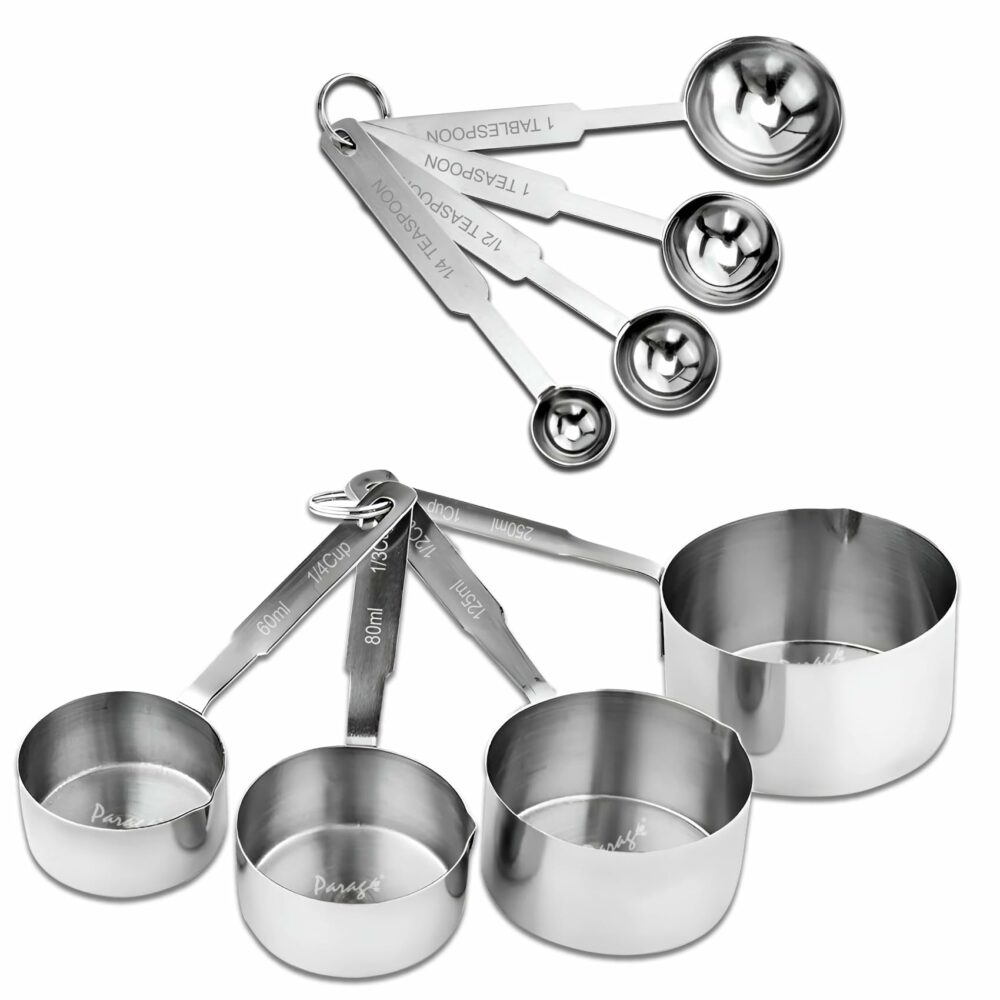 Sanskriti Exports Stainless Steel Measuring Cups & Spoon Combo for Dry or Liquid/Kitchen Gadgets/Cooking & Baking/Stackable Professional Measuring Cup Set with Measurement Handles (Set of 4 Cups & 4 Spoons)