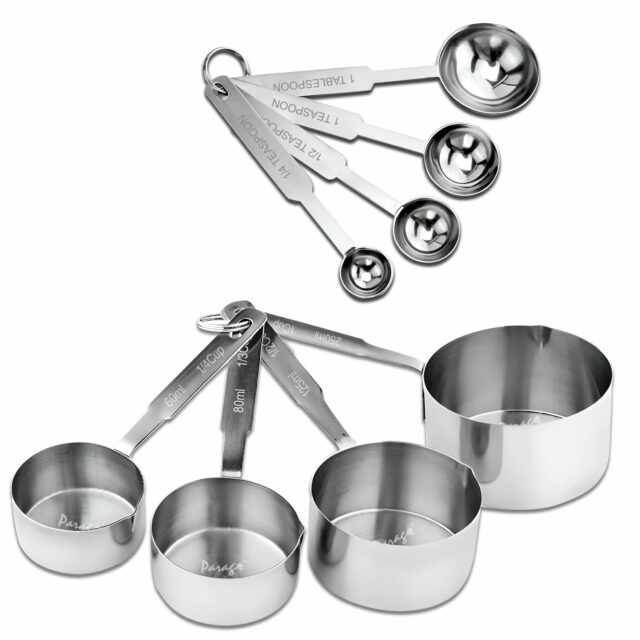 Sanskriti Exports Stainless Steel Measuring Cups & Spoon Combo for Dry or Liquid/Kitchen Gadgets/Cooking & Baking/Stackable Professional Measuring Cup Set with Measurement Handles (Set of 4 Cups & 4 Spoons)