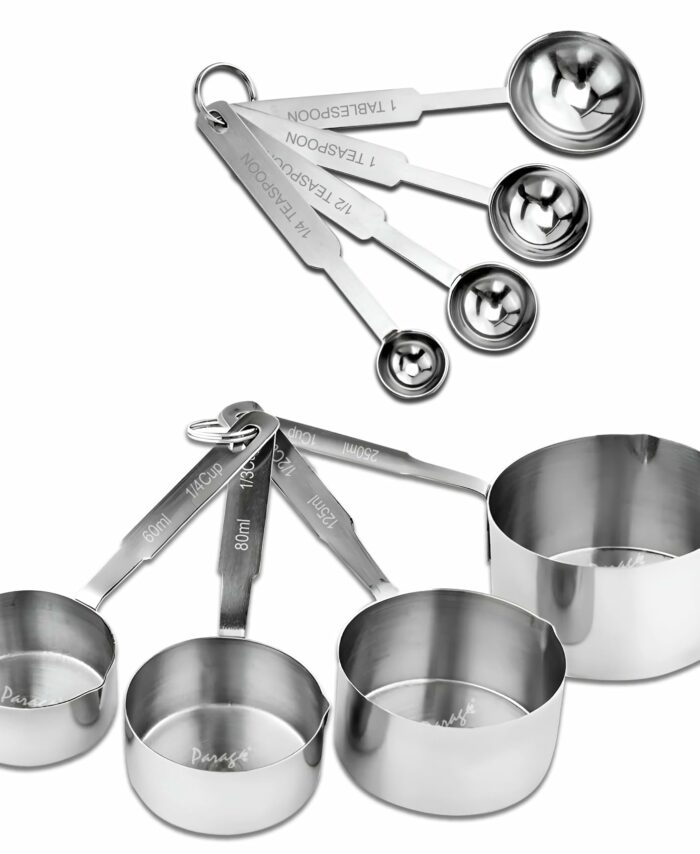 Sanskriti Exports Stainless Steel Measuring Cups & Spoon Combo for Dry or Liquid/Kitchen Gadgets/Cooking & Baking/Stackable Professional Measuring Cup Set with Measurement Handles (Set of 4 Cups & 4 Spoons)