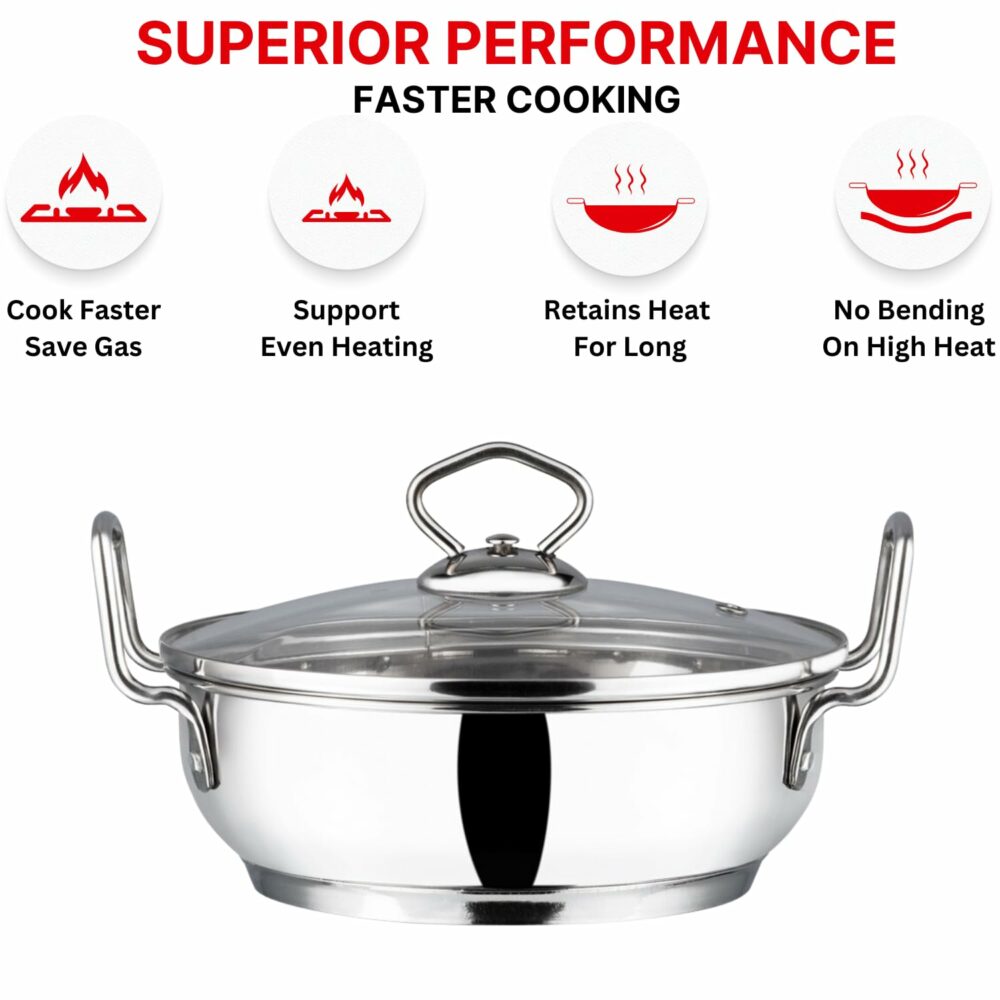 Vinod Stainless Steel Kadhai with Glass Lid - 2 7 Litre, 24cm | Extra Thick, SAS Heavy Bottom | Kadai for Cooking | Induction and Gas Base | 2 Year Warranty - Silver - Image 5