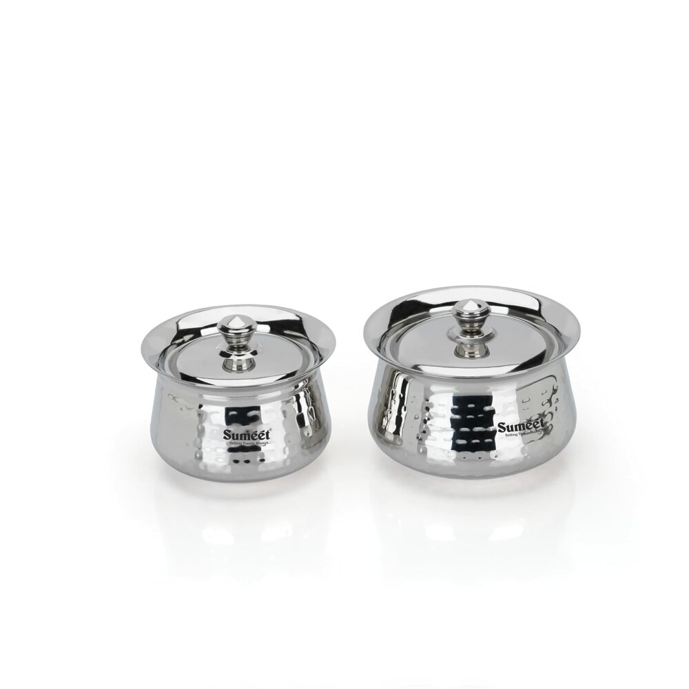 Sanskriti Exports Stainless Steel Handcrafted Hammered Texture Handi Set with Lid for Kitchen, Set of 2, 460ml & 650ml, Silver