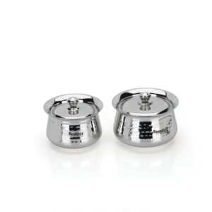 Sanskriti Exports Stainless Steel Handcrafted Hammered Texture Handi Set with Lid for Kitchen, Set of 2, 460ml & 650ml, Silver