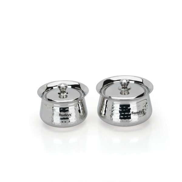 Sanskriti Exports Stainless Steel Handcrafted Hammered Texture Handi Set with Lid for Kitchen, Set of 2, 460ml & 650ml, Silver