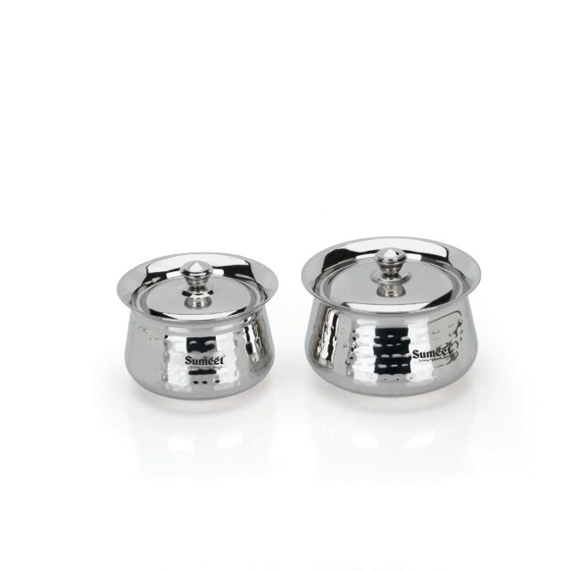 Sanskriti Exports Stainless Steel Handcrafted Hammered Texture Handi Set with Lid for Kitchen, Set of 2, 460ml & 650ml, Silver