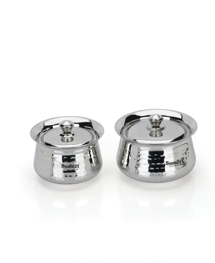 Sanskriti Exports Stainless Steel Handcrafted Hammered Texture Handi Set with Lid for Kitchen, Set of 2, 460ml & 650ml, Silver