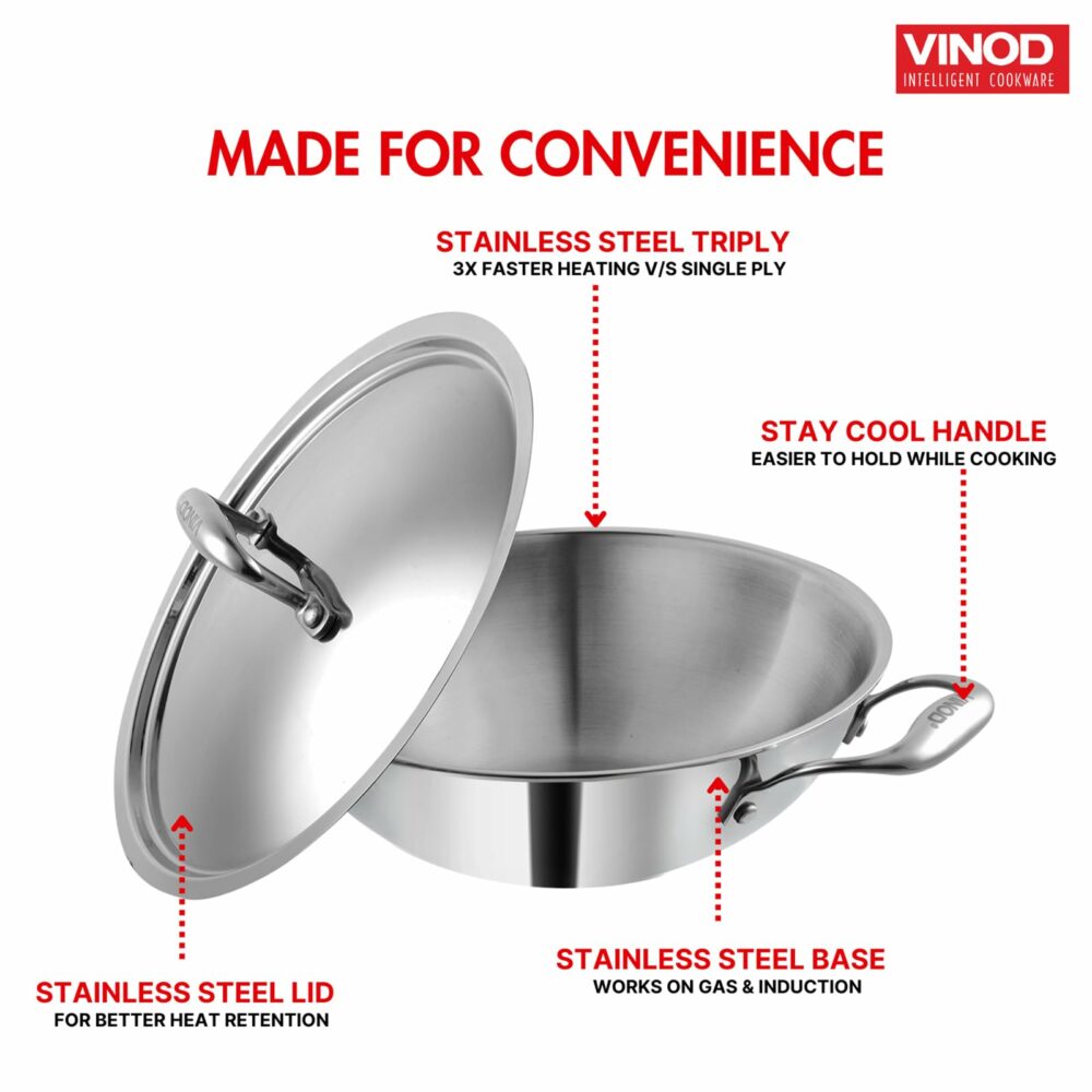 Vinod Platinum Triply Stainless Steel Kadai with Stainless Steel Lid 4 5 litres Capacity (30 cm Diameter) | 28 cm Stainless Steel Kadhai with Lid - Silver (Induction and Gas Stove Friendly) - Image 6