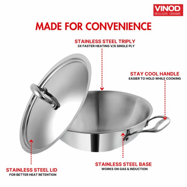Vinod Platinum Triply Stainless Steel Kadai with Stainless Steel Lid 4 5 litres Capacity (30 cm Diameter) | 28 cm Stainless Steel Kadhai with Lid - Silver (Induction and Gas Stove Friendly)