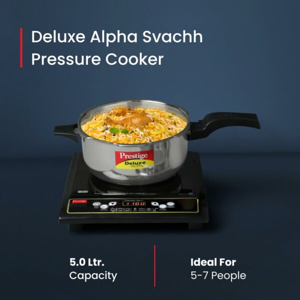 Prestige 5L Deluxe Alpha Svachh Stainless Steel Pressure Cooker|Outer Lid|Ideal for 5-7 Persons|Deep Lid for Spillage Control|Gas & Induction Compatible|Silver