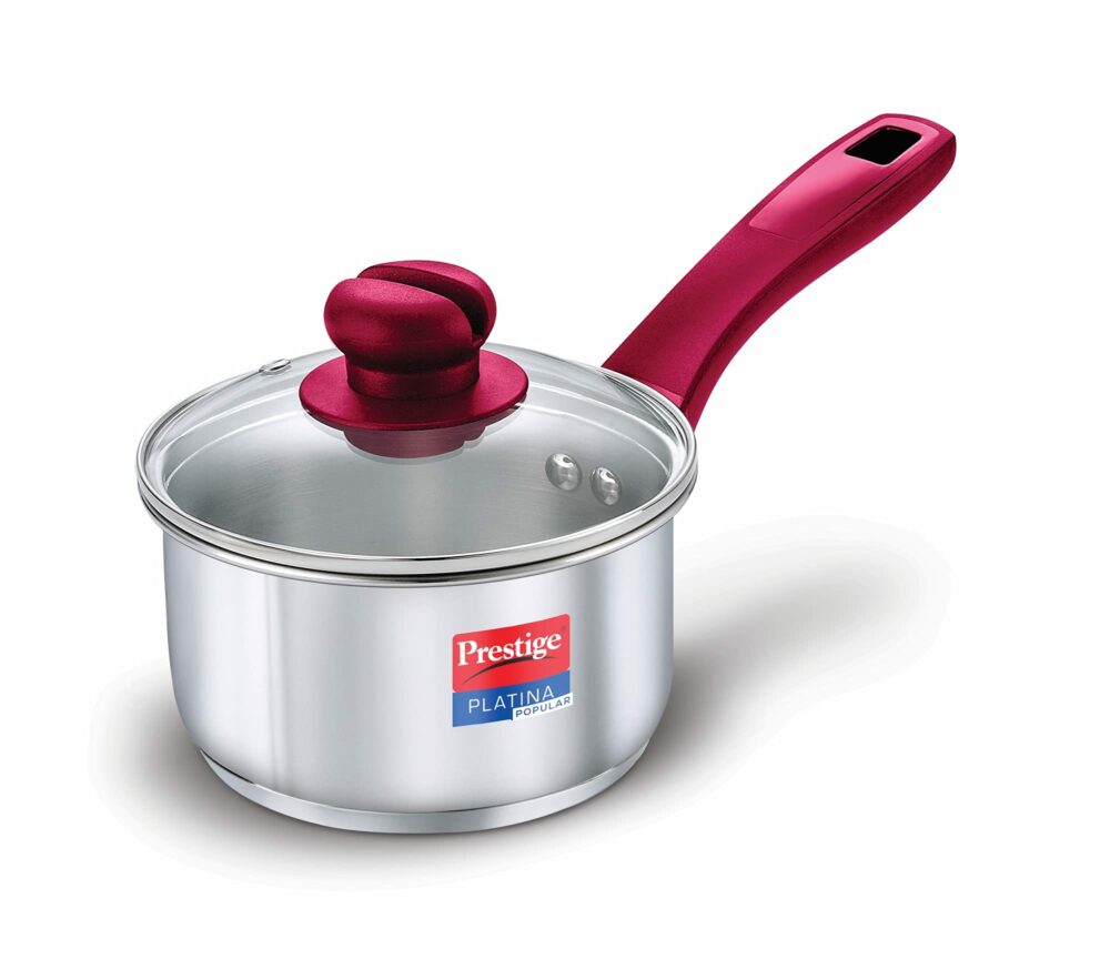 Prestige Platina Popular Stainless Steel Gas and Induction Compatible Sauce Pan with Glass Lid, 140 mm