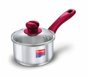 Prestige Platina Popular Stainless Steel Gas and Induction Compatible Sauce Pan with Glass Lid, 140 mm