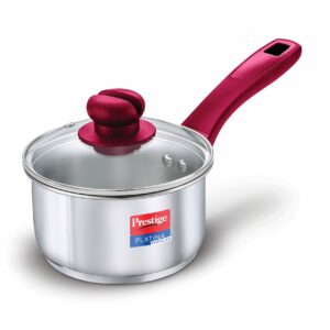 Prestige Platina Popular Stainless Steel Gas and Induction Compatible Sauce Pan with Glass Lid, 140 mm
