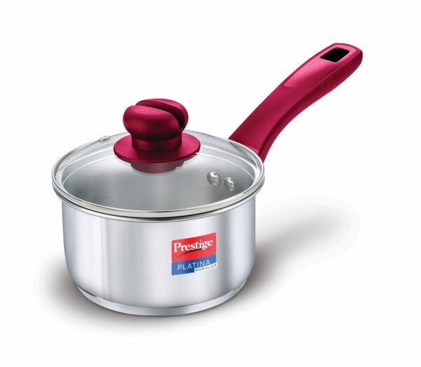 Prestige Platina Popular Stainless Steel Gas and Induction Compatible Sauce Pan with Glass Lid, 140 mm