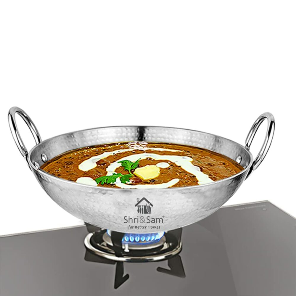 Sanskriti Exports Stainless Steel Heavy Weight Hammered Kadhai, 24 cm, 1.3 Kg, 2.1 Litre