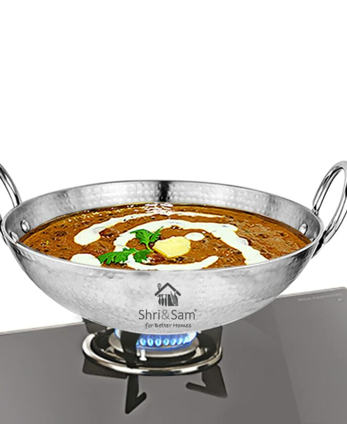 Sanskriti Exports Stainless Steel Heavy Weight Hammered Kadhai, 24 cm, 1.3 Kg, 2.1 Litre