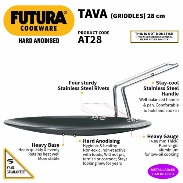 Hawkins Futura 28 cm Tava, Hard Anodised Tawa with Stainless Steel Handle, Black (AT28)