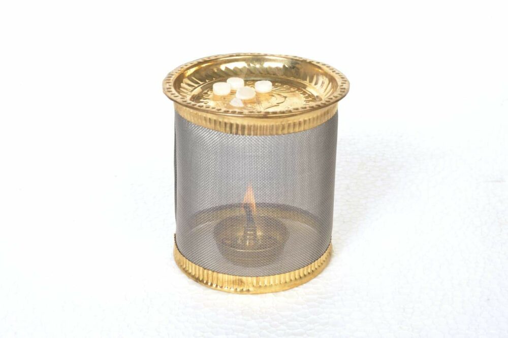 Sanskriti Exports Unbreakable Diya Wind Guard/Tulsi or Kartika Deepam/Steel Mesh with Brass Beading Deepak Wind Cover/Aroma Diffuser/Camphor or Kapur Diffuser/Medium (3x3.5in)
