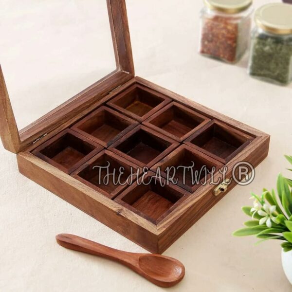 Sanskriti Exports Sheesham Wood Spice Box with 2 Spoons ? 9 Compartments Masala Box/Masala Container/Masala Dabba Organizer for Kitchen | Decorative Handmade Wooden Storage Box (Brown)