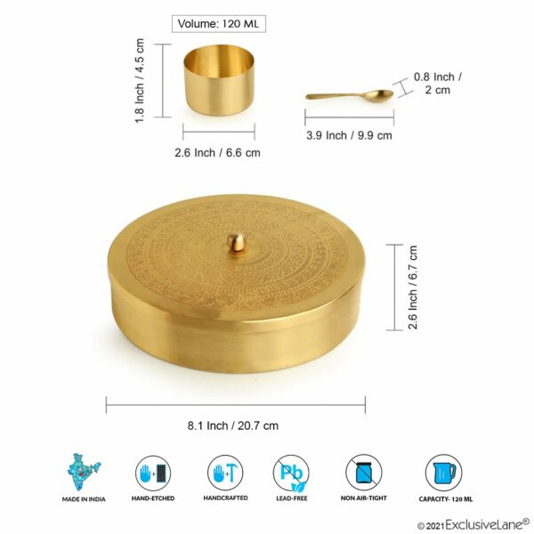 ExclusiveLane 'Floral-Etched' Handcrafted Brass Spice Box for Kitchen with Spoon Brass Masala Box Masala Dani Masala Dabba & Spice Container (7 Detachable Containers, 100 ML) Gold