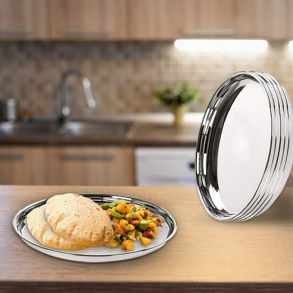 Sanskriti Exports Stainless Steel Dinner Plates Set of 6 | 29 cm Dia I Heavy Gauge & Deep Base | Mirror Finish | Multi-Purpose Steel Thali Set of 6 | Durable and Elegant Dinnerware Set