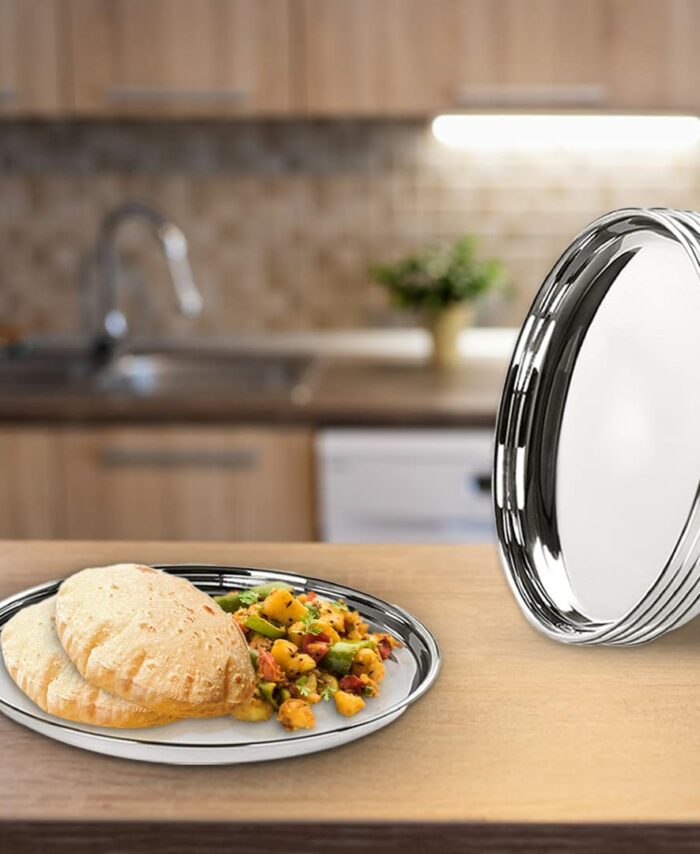 Sanskriti Exports Stainless Steel Dinner Plates Set of 6 | 29 cm Dia I Heavy Gauge & Deep Base | Mirror Finish | Multi-Purpose Steel Thali Set of 6 | Durable and Elegant Dinnerware Set