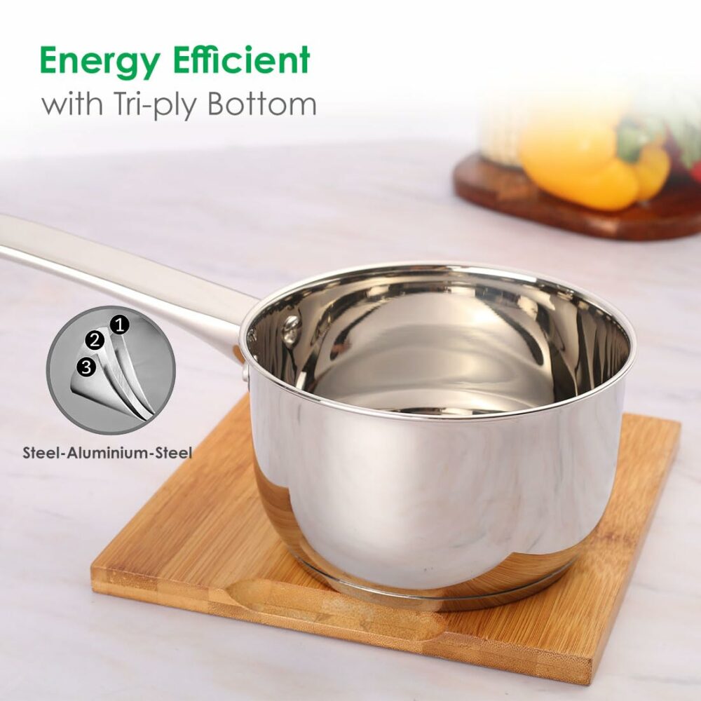 Wonderchef Venice Stainless Steel Saucepan | 1.2Litre | Tri-ply Bottom | Thick Base | Anti-Bacterial and Non-Porous Steel | Ideal for Boiling Milk, and Water or to Make Tea and Coffee - Image 2