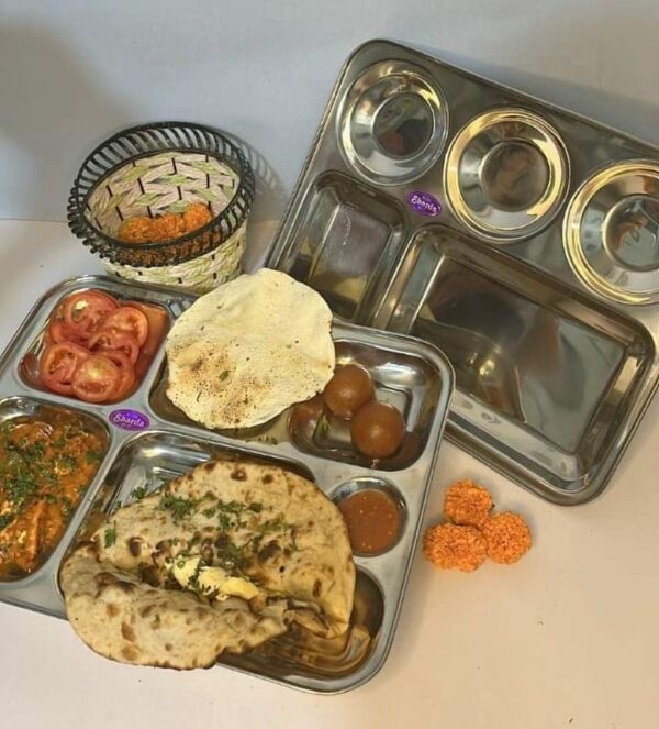 Sanskriti Exports Stainless Steel Rectangular Compartment Thali Set of 6 with 5 in 1 Divided Partition, Mess, Bhojan, Lunch & Dinner Plates - 13 x 10 inches