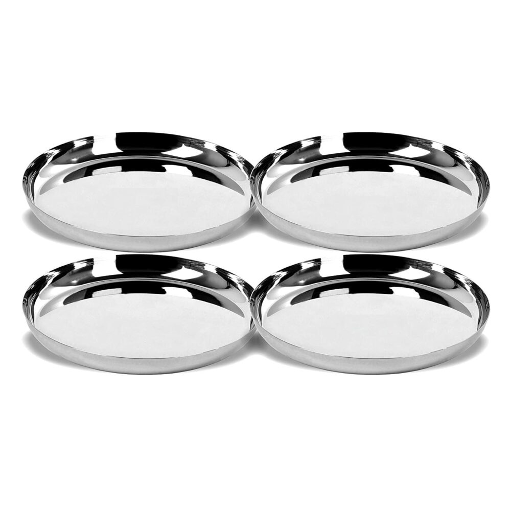 Sanskriti Exports Stainless Steel Dinner Plate | Sanskriti Exports Plate | Thali Apple Shape Set of 4 Plates (Diamm. 27 Cms)