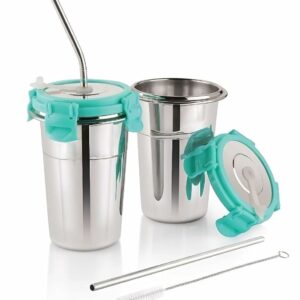 Sanskriti Exports Steel Coffee Mug with Straw Clean Brush, Travel Sippers Tumbler Mug with Straw and Lid 400ml Tea/Coffee Mug, Drinking Glass, Glass Sipper, Mason Jar, Can Sipper, Milk Mug, Juice Cup 1 Piece