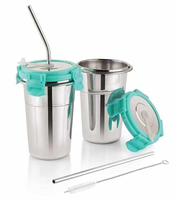 Sanskriti Exports Steel Coffee Mug with Straw Clean Brush, Travel Sippers Tumbler Mug with Straw and Lid 400ml Tea/Coffee Mug, Drinking Glass, Glass Sipper, Mason Jar, Can Sipper, Milk Mug, Juice Cup 1 Piece