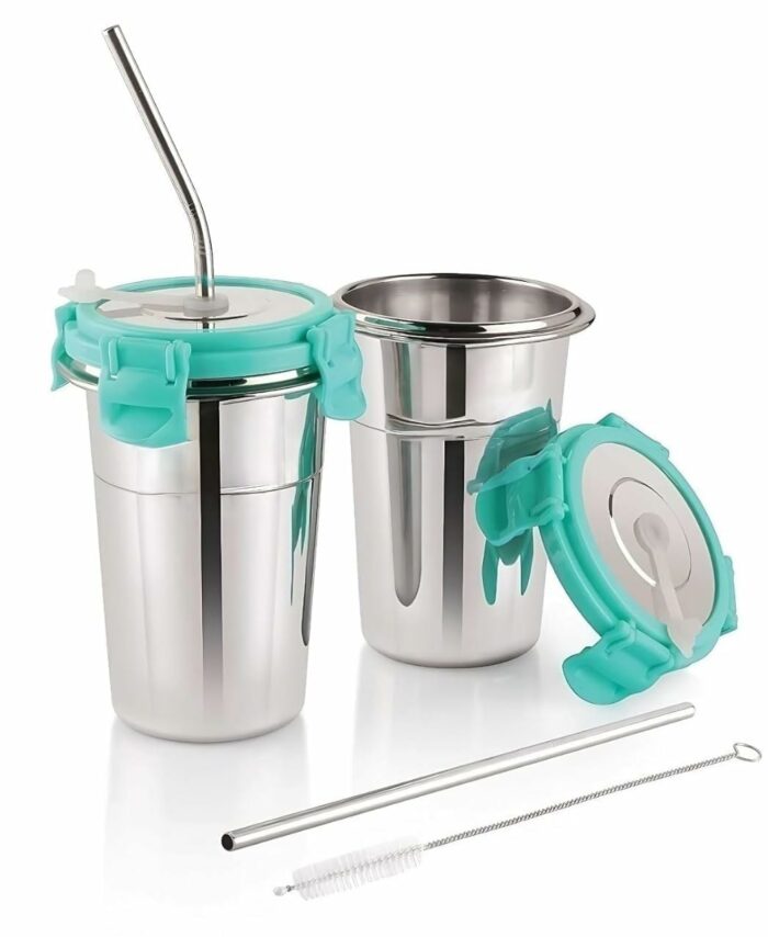 Sanskriti Exports Steel Coffee Mug with Straw Clean Brush, Travel Sippers Tumbler Mug with Straw and Lid 400ml Tea/Coffee Mug, Drinking Glass, Glass Sipper, Mason Jar, Can Sipper, Milk Mug, Juice Cup 1 Piece