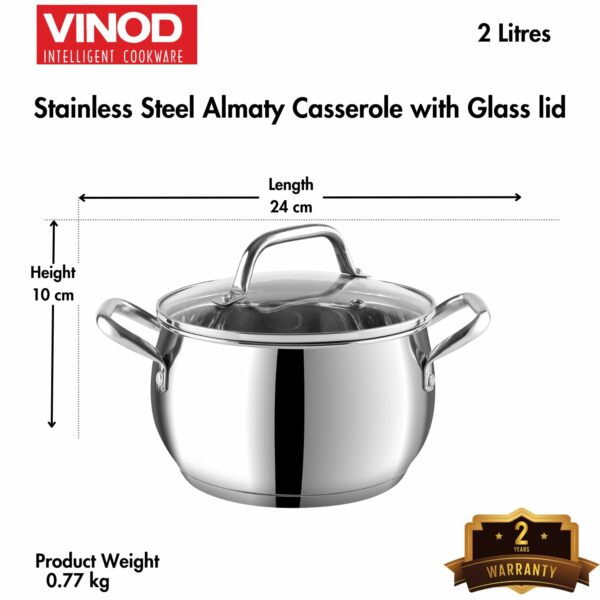 Vinod Almaty Stainless Steel Saucepot with Glass Lid 2 Litre, 16 cm | 2.6mm Thick Base | Sturdy Riveted Handle | 2 Year Warranty | Induction & Gas Base - Image 4