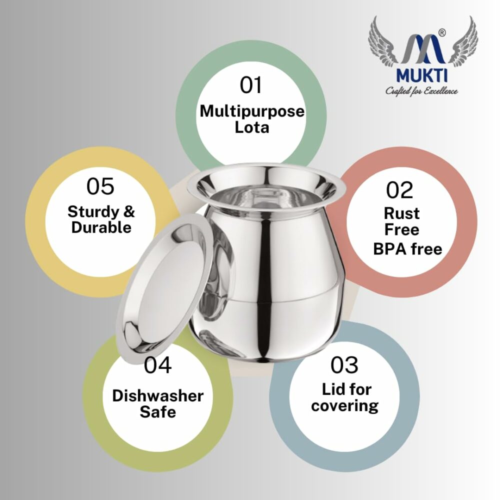 Sanskriti Exports Stainless Steel Food Storage Jars & Containers|Lota, Kalash, Chambu, Tumbler|Drinking, Storing & Serving|Amrit Lota with Lid|750ml x 1pc - Image 2