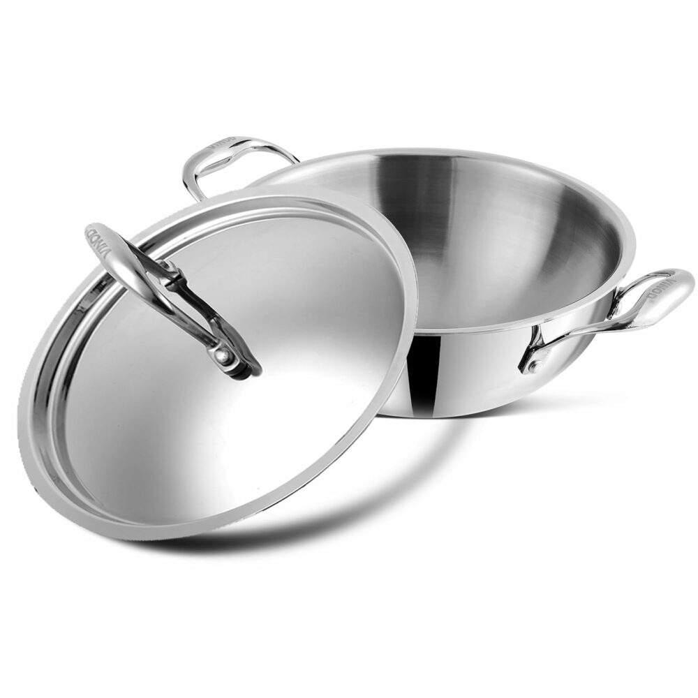 Vinod Platinum Triply Stainless Steel Extra Deep Kadai with Stainless Steel Lid 1 1 litres Capacity (18 cm Diameter) | 18 cm Triply Stainless Steel Kadai, Silver (Induction and Gas Stove Friendly)