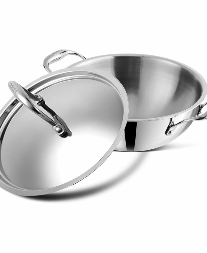 Vinod Platinum Triply Stainless Steel Extra Deep Kadai with Stainless Steel Lid 1 1 litres Capacity (18 cm Diameter) | 18 cm Triply Stainless Steel Kadai, Silver (Induction and Gas Stove Friendly)