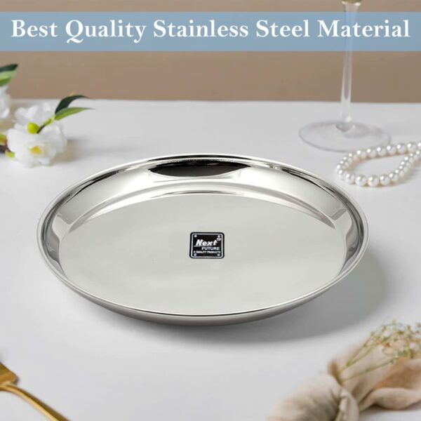 Next Future Stainless Steel Breakfast/Lunch/Dinner Plate Set of 6 with High Shiny Polish (Heavy Gauge) Medium Size Round Sanskriti Exports Thali - Diameter: 9 Inches/ 23 cms