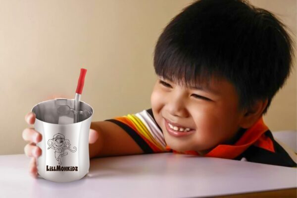 Sanskriti Exports Stainless Steel Glass for Kids | Small Glass Tumbler with Straw Cleaning Brush & Silicon - 150ml Set of 2 pcs