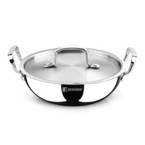 Sanskriti Exports Tripro Triply Stainless Steel Deep Kadai/Indian Wok with Lid, 22 cm, 2 5 litres, Durable Stay Cool Cast Handles, Flared Rim, Heavy Bottom, Induction and Gas Ready, Metal Spatual Friendly