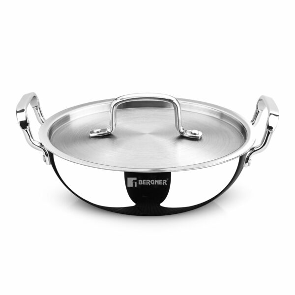 Sanskriti Exports Tripro Triply Stainless Steel Deep Kadai/Indian Wok with Lid, 22 cm, 2 5 litres, Durable Stay Cool Cast Handles, Flared Rim, Heavy Bottom, Induction and Gas Ready, Metal Spatual Friendly