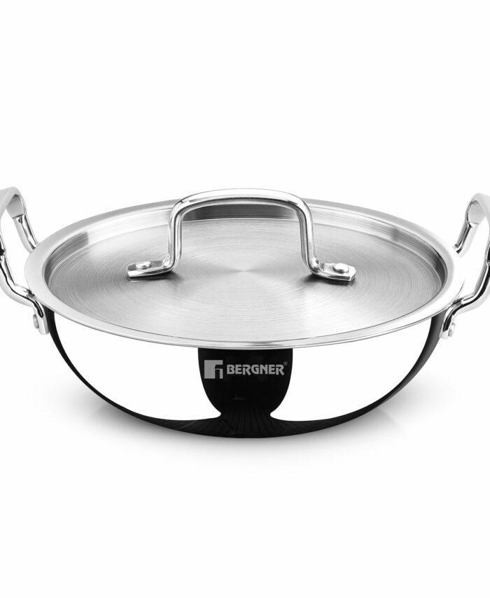 Sanskriti Exports Tripro Triply Stainless Steel Deep Kadai/Indian Wok with Lid, 22 cm, 2 5 litres, Durable Stay Cool Cast Handles, Flared Rim, Heavy Bottom, Induction and Gas Ready, Metal Spatual Friendly