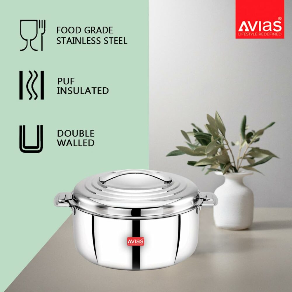 Sanskriti Exports Platina Premium 2500 ML Double Wall Insulated Stainless Steel Casserole, Hot Pot for Roti-Rice-Gravy-Curry, Silver Hot Box with Steel Lid, Retains Temperature, Twist Lock - Image 3