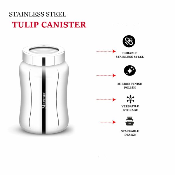 MAXIMA Tulip Stainless Steel Canister - Elegant Circular Design for Tea, Coffee, and Spices | Leak Proof | Airtight Kitchen Storage Container (900ml, SI-2103) - Image 3