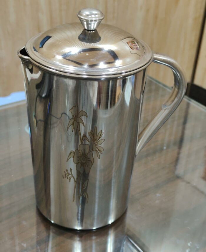 Stainless Steel Water jug with Lid and Handle | Capacity- 2 LTR (Approx) | Drink Servers | Laser Flower Design