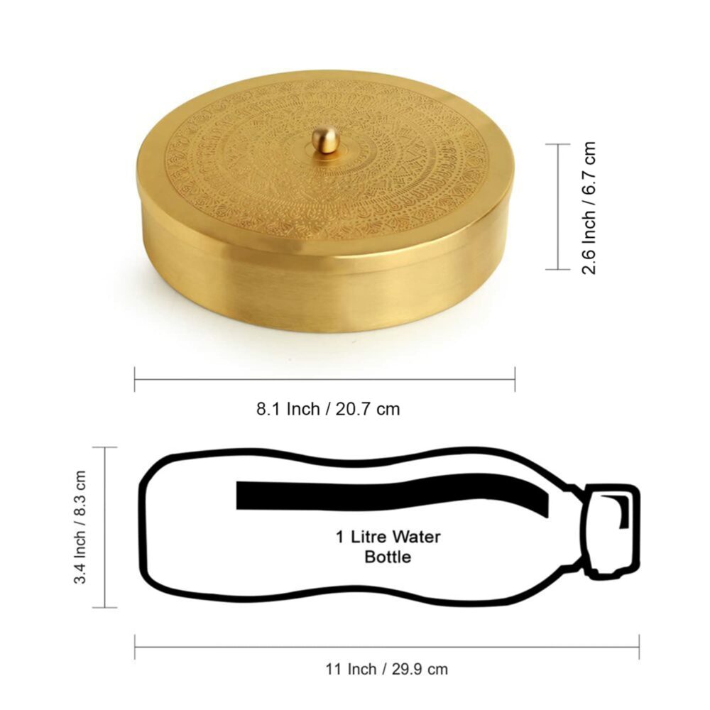 ExclusiveLane 'Floral-Etched' Handcrafted Brass Spice Box for Kitchen with Spoon Brass Masala Box Masala Dani Masala Dabba & Spice Container (7 Detachable Containers, 100 ML) Gold - Image 5